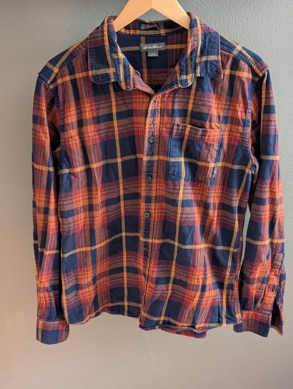 Eddie Bauer Mens Large Classic Fit Plaid Flannel Shirt Long Sleeve Navy Rust